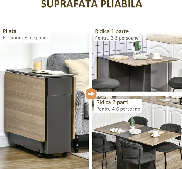 Masa Pliabila Dreptunghiulara HOMCOM din PAL, cu 2 Sertare Dulap 6 Roti, Design Practic, Maro | Aosom Romania