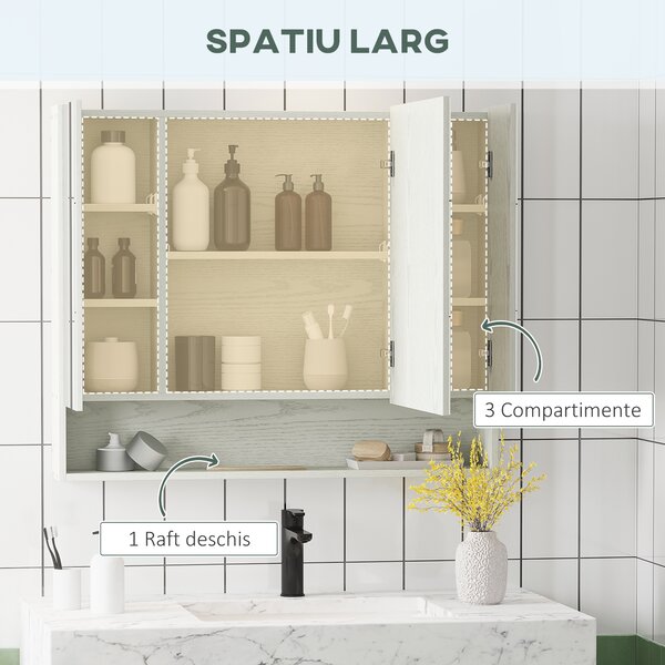Kleankin Dulap cu Oglindă pentru Baie, Raft Reglabil, MDF și Sticlă, 90x15x75cm, Design Spațios, Alb | Aosom Romania