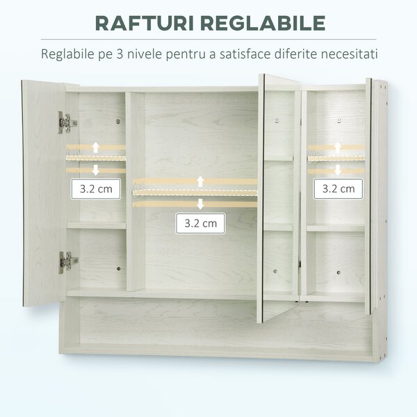 Kleankin Dulap cu Oglindă pentru Baie, Raft Reglabil, MDF și Sticlă, 90x15x75cm, Design Spațios, Alb | Aosom Romania