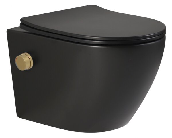 Set vas wc suspendat cu functie bideu si baterie inclusa auriu mat Foglia Oslo, rezervor wc incastrat si clapeta negru mat, Grohe