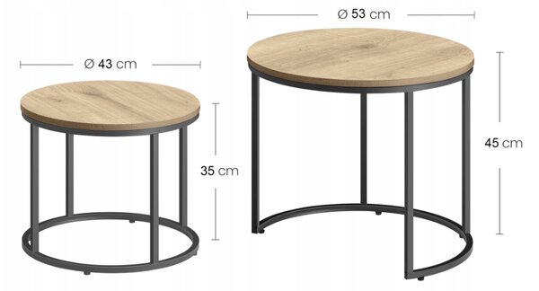 Set de 2 mese de cafea rotunde DUET, negru/stejar sonoma