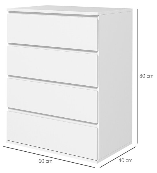 HOMCOM Comodă cu 4 Sertare, Organizator de Depozitare cu Ghidaje Metalice și Mânere cu Caneluri, 60x40x80 cm, Alb | Aosom Romania