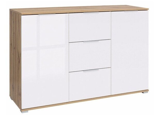 Comodă Tivetra 101, Alb lucios, Stejar Wotan, PAL laminat, 86x135x41cm, 53 kg