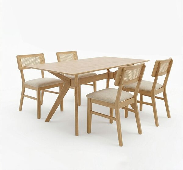 Set 5 bucati masa si scaune dining, Raffles, Natural, 90x150x76 cm
