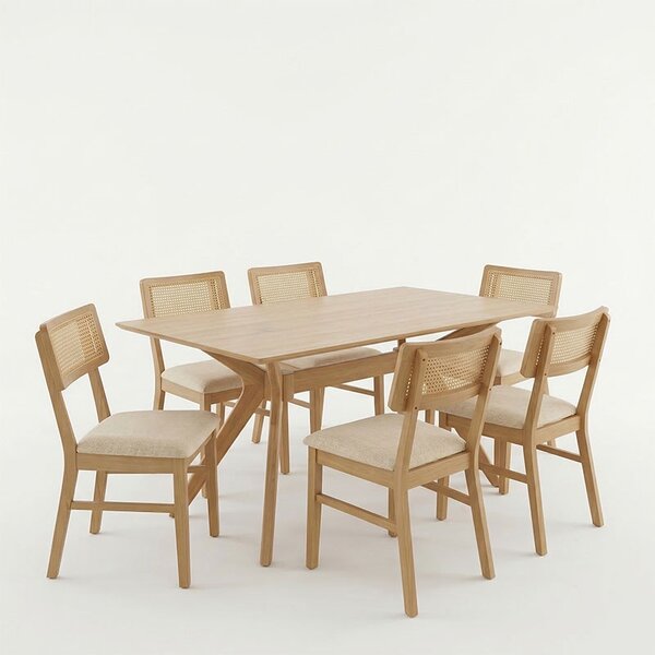 Set 7 bucati masa si scaune dining, Raffles, Natural, 90x150x76 cm