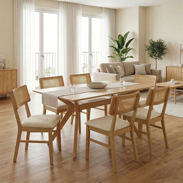 Set 7 bucati masa si scaune dining, Raffles, Natural, 90x150x76 cm