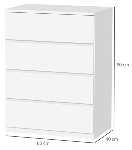HOMCOM Comodă cu 4 Sertare, Organizator de Depozitare cu Ghidaje Metalice și Mânere cu Caneluri, 60x40x80 cm, Alb | Aosom Romania