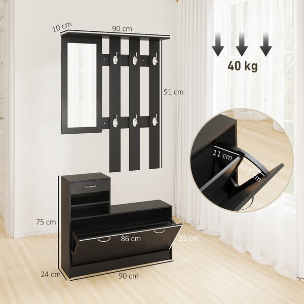 HOMCOM Dulap pentru Intrare Cuier cu Pantofar si Oglinda, Rafturi si Sertar, Dulap Cuier din PAL, 90x10x102 cm, Negru