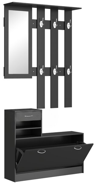 HOMCOM Dulap pentru Intrare Cuier cu Pantofar si Oglinda, Rafturi si Sertar, Dulap Cuier din PAL, 90x10x102 cm, Negru