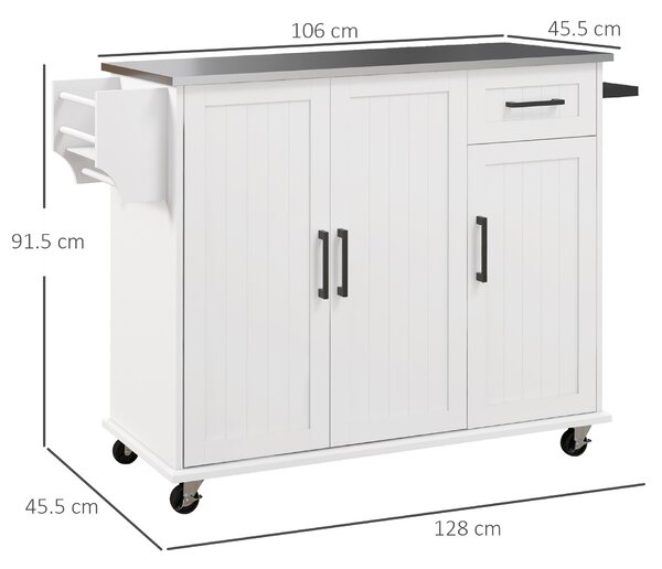 HOMCOM Insulă de Bucătărie Rulantă cu Depozitare, Sertar, 3 Dulapuri, Blat din Oțel Inoxidabil, Design Versatil, Alb | Aosom Romania