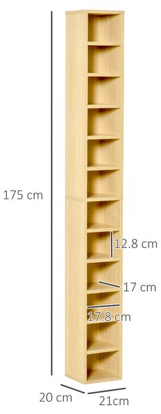 HOMCOM Dulap Biblioteca Suport CD-uri cu 12 Rafturi pentru 204 CD-uri, Raft Biblioteca din MDF si PAL, 21x20x175 cm, Lemn natural