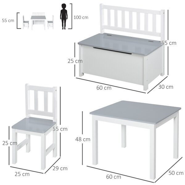 HOMCOM Set Mobilier pentru Copii 4 Piese, Masă, 2 Scaune, Bancă Depozitare, Lemn Multifuncțional, Alb și Gri | Aosom Romania