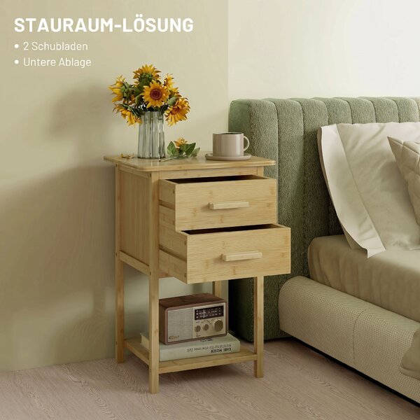 HOMCOM Noptiere, 2 piese, cu 2 Sertare și Poliță de Jos în Stil Nordic, Noptiere Moderne din Bambus, 40x34x60 cm, Lemn Natural | Aosom Romania