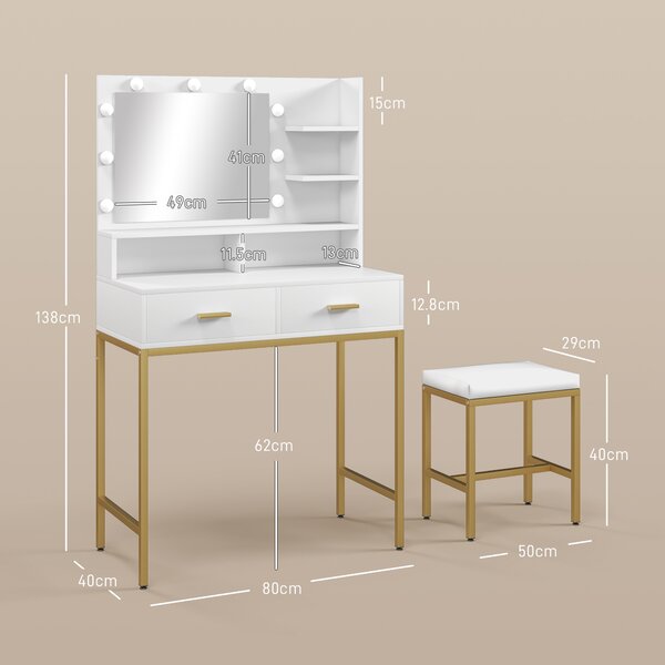 HOMCOM Masă de Machiaj cu Oglindă LED, Scaun și Rafturi, 80x40x138 cm, Alb | Aosom Romania
