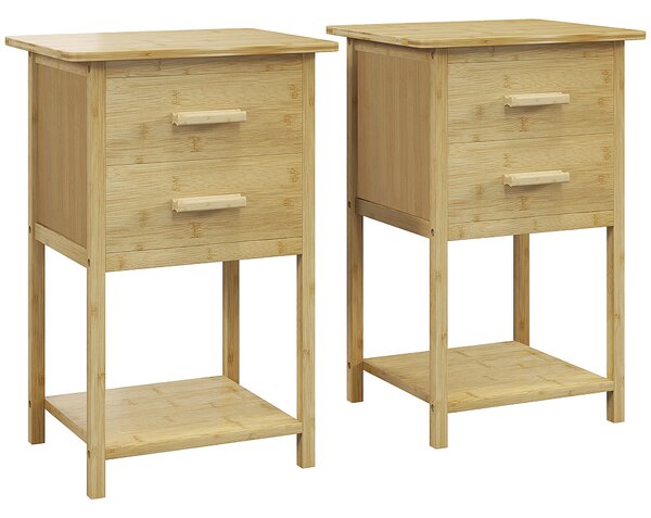 HOMCOM Noptiere, 2 piese, cu 2 Sertare și Poliță de Jos în Stil Nordic, Noptiere Moderne din Bambus, 40x34x60 cm, Lemn Natural | Aosom Romania