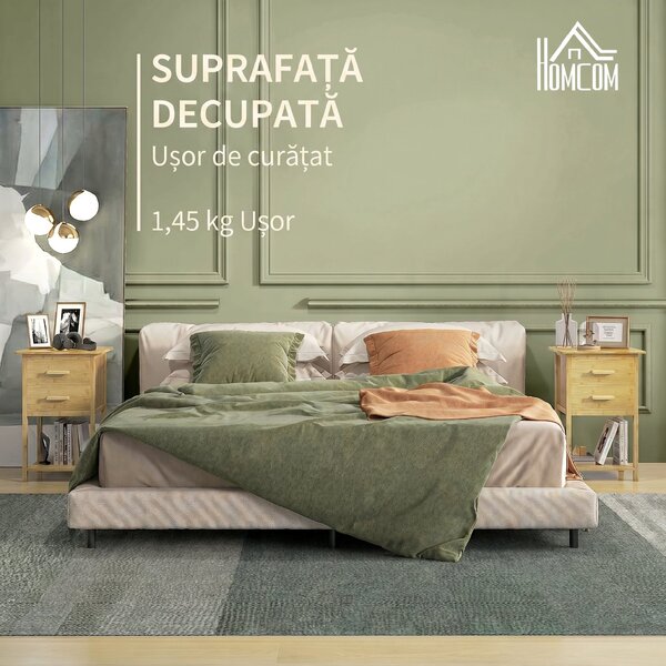 HOMCOM Noptiere, 2 piese, cu 2 Sertare și Poliță de Jos în Stil Nordic, Noptiere Moderne din Bambus, 40x34x60 cm, Lemn Natural | Aosom Romania