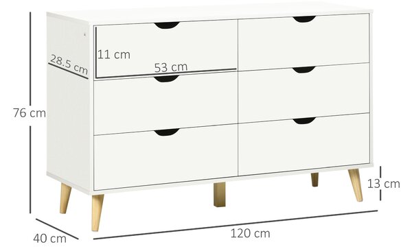 HOMCOM Comodă cu 6 Sertare și Mânere, Comodă din Lemn de Pin și Melamină, 120x40x76 cm, Alb