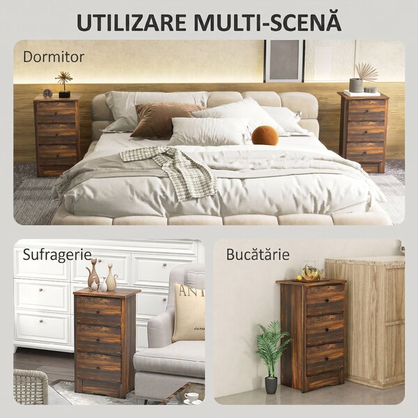 HOMCOM Noptieră cu 2 Sertare în Stil Rustic, Noptieră pentru Dormitor din Lemn, 40x30x74 cm, Maro | Aosom Romania
