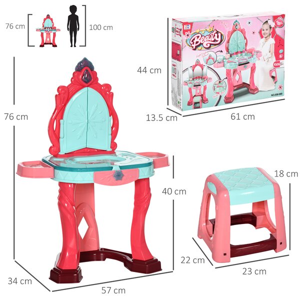 AIYAPLAY Masă de Machiaj pentru Fetițe cu Scăunel, Oglindă, Lumini și Accesorii, 57x34x76 cm, Multicolor | Aosom Romania