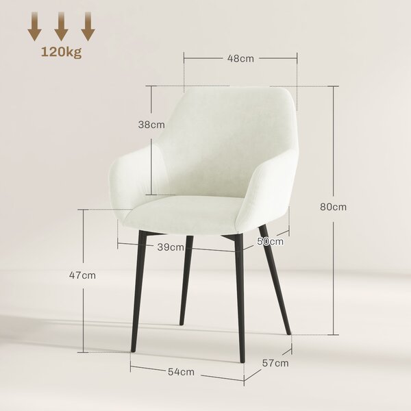 HOMCOM Set 2 Scaune de Dining Tapițate în Stil Nordic cu Brațe și Picioare din Oțel, 54x57x80 cm, Alb Crem | Aosom Romania