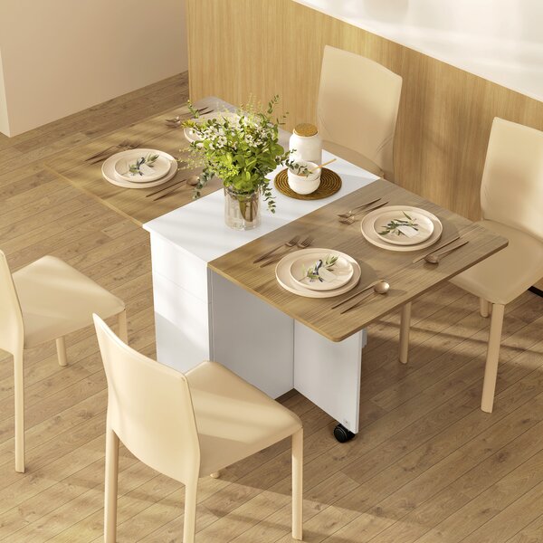 HOMCOM Masă Extensibilă pentru 6 Persoane, Masă Pliabilă cu Roți, 2 Sertare și Dulapior, 140x76x74 cm, Alb | Aosom Romania