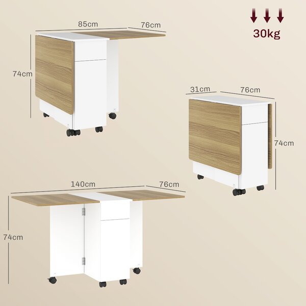 HOMCOM Masă Extensibilă pentru 6 Persoane, Masă Pliabilă cu Roți, 2 Sertare și Dulapior, 140x76x74 cm, Alb | Aosom Romania