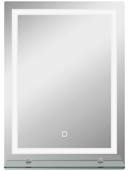 Kleankin Oglindă de Baie cu Lumini LED în 3 Culori Reglabile și Raft din Sticlă, 50x12x70 cm, Argintiu | Aosom Romania