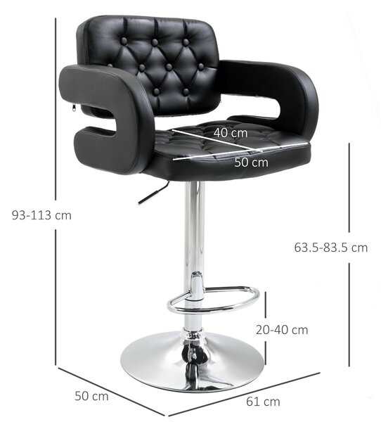 HOMCOM Scaun de Bar cu Spătar și Brațe, Scaun Modern de Bucătărie Rotativ cu Înălțime Reglabilă, 61x50x94-114 cm, Negru | Aosom Romania