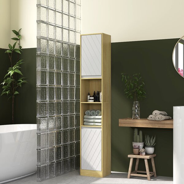 HOMCOM Dulap Baie Înalt Spațios, Mobilier de Baie cu 2 Dulapuri și Rafturi Reglabile, 30x24x170 cm, Lemn Natural | Aosom Romania