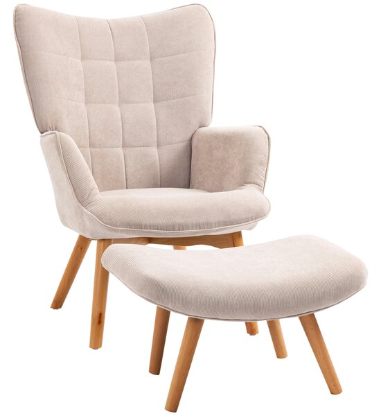 HOMCOM Fotoliu cu Taburet pentru Cameră sau Living din Catifea cu Model Crestat , Spătar Înalt și Brațe, 72x80x101 cm, Bej | Aosom Romania