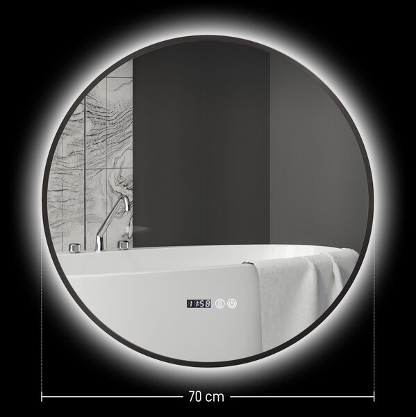 HOMCOM Oglindă de Baie Anti-Ceață cu Lumini LED Reglabile, Ø70x3 cm, Negru | Aosom Romania