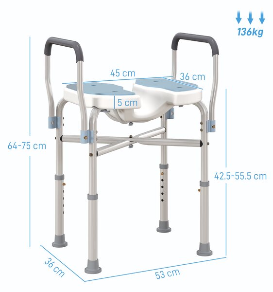 HOMCOM Scaun de Duș cu Brațe, Înălțime Reglabilă și Orificii pentru Scurgerea Apei, 53x36x64-75 cm, Albastru | Aosom Romania