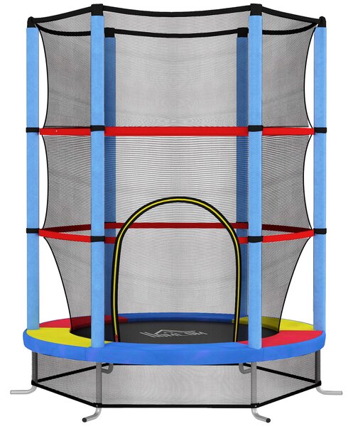 HOMCOM Saltea Elastică pentru Copii 3-6 Ani cu Plasă de Protecție, 6 Stâlpi și 3 Intrări, Ø140x190 cm, Multicolor | Aosom Romania