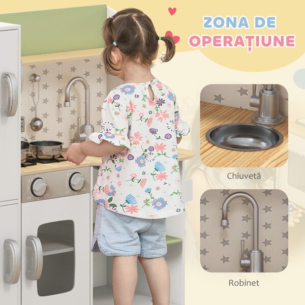AIYAPLAY Set de Joaca de Bucatarie de Jucarie, cu Telefon, Aparat de Gheata, Aragaz, Chiuveta, Ustensile, pentru Copii de 3-6 ani, Alb | Aosom Romania