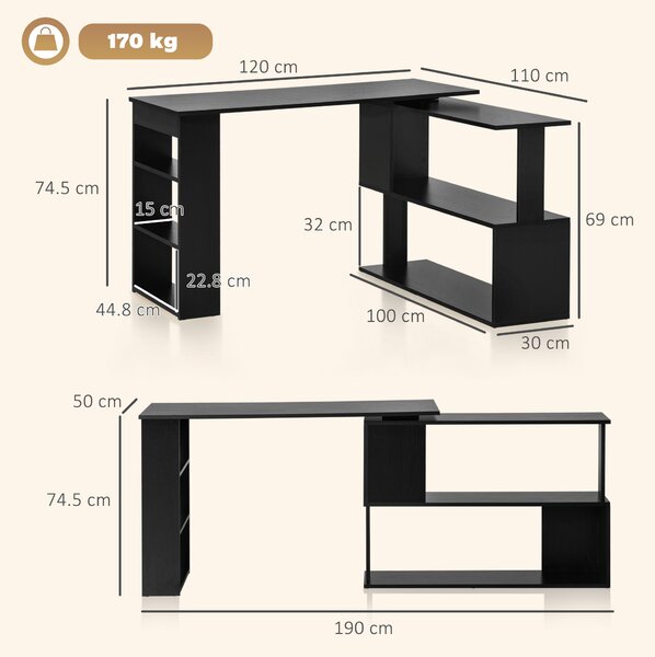 HOMCOM Birou pentru Calculator de Colț cu Design Rotativ în Formă de L și 5 Rafturi, 120x110x74.5 cm, Negru | Aosom Romania