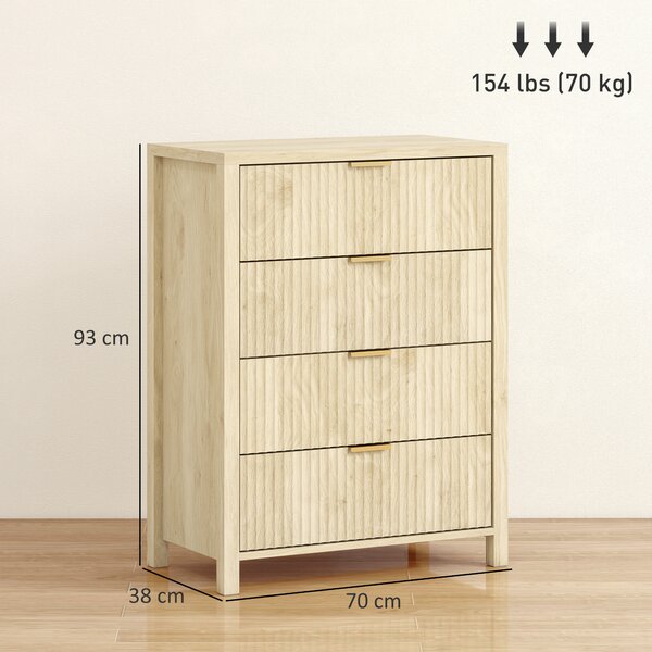 HOMCOM Comodă pentru Dormitor cu 4 Sertare Canelate, Comodă din Lemn cu Mânere Aurii, pentru Sufragerie, Sala de Mese și Hol, 70x38x93 cm, Lemn Natural | Aosom Romania