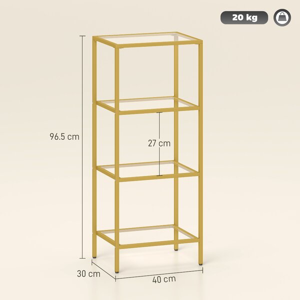 HOMCOM Unitate de Rafturi cu 4 Nivele, Raft de Sticlă, Raft de Stocare Vertical pentru Sufragerie, Birou Acasă, Dormitor, Baie, Tonuri de Aur | Aosom Romania