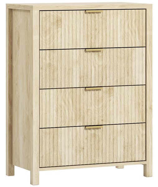 HOMCOM Comodă pentru Dormitor cu 4 Sertare Canelate, Comodă din Lemn cu Mânere Aurii, pentru Sufragerie, Sala de Mese și Hol, 70x38x93 cm, Lemn Natural | Aosom Romania