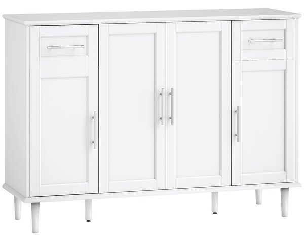 HOMCOM Mobilier de Sufragerie, Credență cu 2 Sertare și 3 Dulapuri cu Rafturi Reglabile, Comodă cu Picioare din Pin pentru Sala de Mese și Bucătărie, 120x38x86 cm, Alb | Aosom Romania