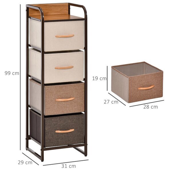 HOMCOM Comodă pentru Dormitor cu 4 Sertare Pliabile, Blat Superior din Lemn și Cadru Metalic 31x29x99 cm Multicolor | Aosom Romania