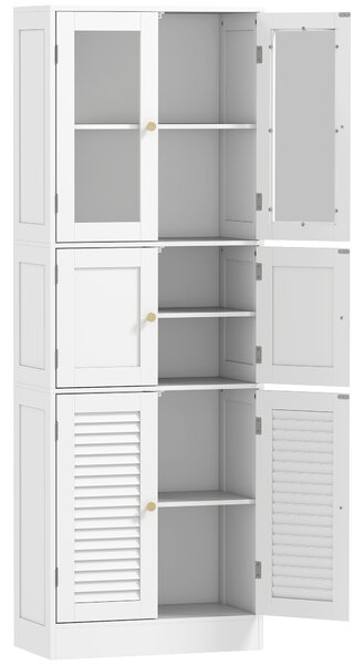 HOMCOM Dulap pentru baie cu 3 compartimente și 2 uși din sticlă și lemn, rafturi reglabile, 60x30x170 cm, alb | Aosom Romania