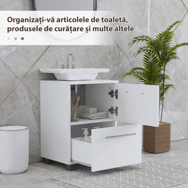 HOMCOM Dulap de Baie Sub Lavoar cu Sertar și Dulap, Unitate Economisitoare de Spațiu, 41,5 x 35,5 x 59 cm, Alb | Aosom Romania
