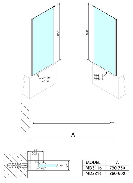 Polysan Polysan, perete lateral de duș DEEP 750x1650mm, sticlă transparentă, MD3116