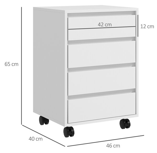 HOMCOM Comodă de Birou cu 4 Sertare și Roți pentru Studiu 46x40x65 cm Alb | Aosom Romania