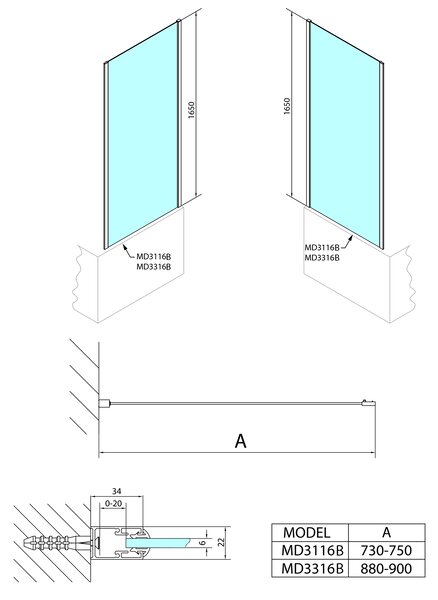 Polysan Polysan, perete lateral de duș DEEP BLACK 750x1650mm, sticlă transparentă, MD3116B