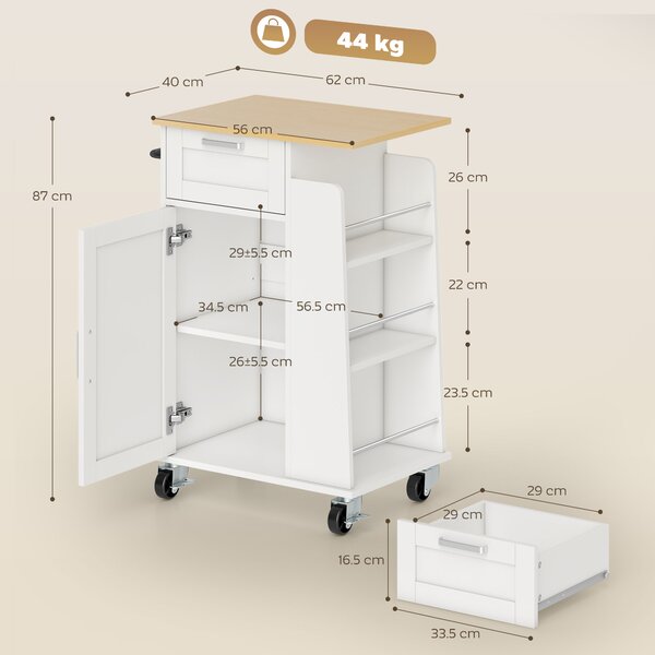 Cărucior de Bucătărie HOMCOM cu Sertar, Dulap, Suport pentru Prosoape și 3 Suporturi pentru Condimente, din Lemn, 62x40x87 cm, Alb | Aosom Romania