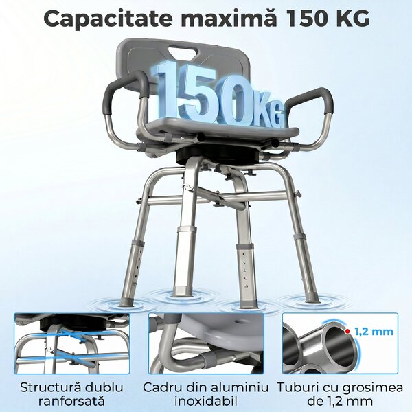 HOMCOM Scaun de Duș Rotativ cu Înălțime Reglabilă, Brațe și Spătar, Capacitate 150 kg, Gri | Aosom Romania