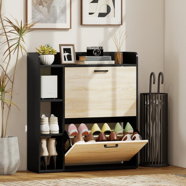 HOMCOM Dulap pentru pantofi slim cu 2 sertare și 3 compartimente deschise, Capacitate 15 perechi, 83x24x90.5 cm, Negru | Aosom Romania