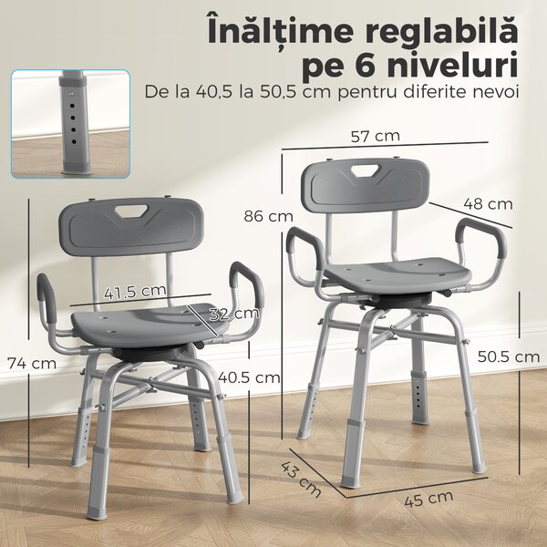 HOMCOM Scaun de Duș Rotativ cu Înălțime Reglabilă, Brațe și Spătar, Capacitate 150 kg, Gri | Aosom Romania