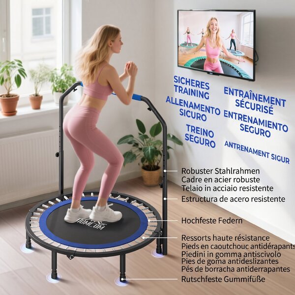 HOMCOM Mini Trampolin Fitness Pliabil de 45" cu Mâner Reglabil din Spumă, Albastru | Aosom Romania